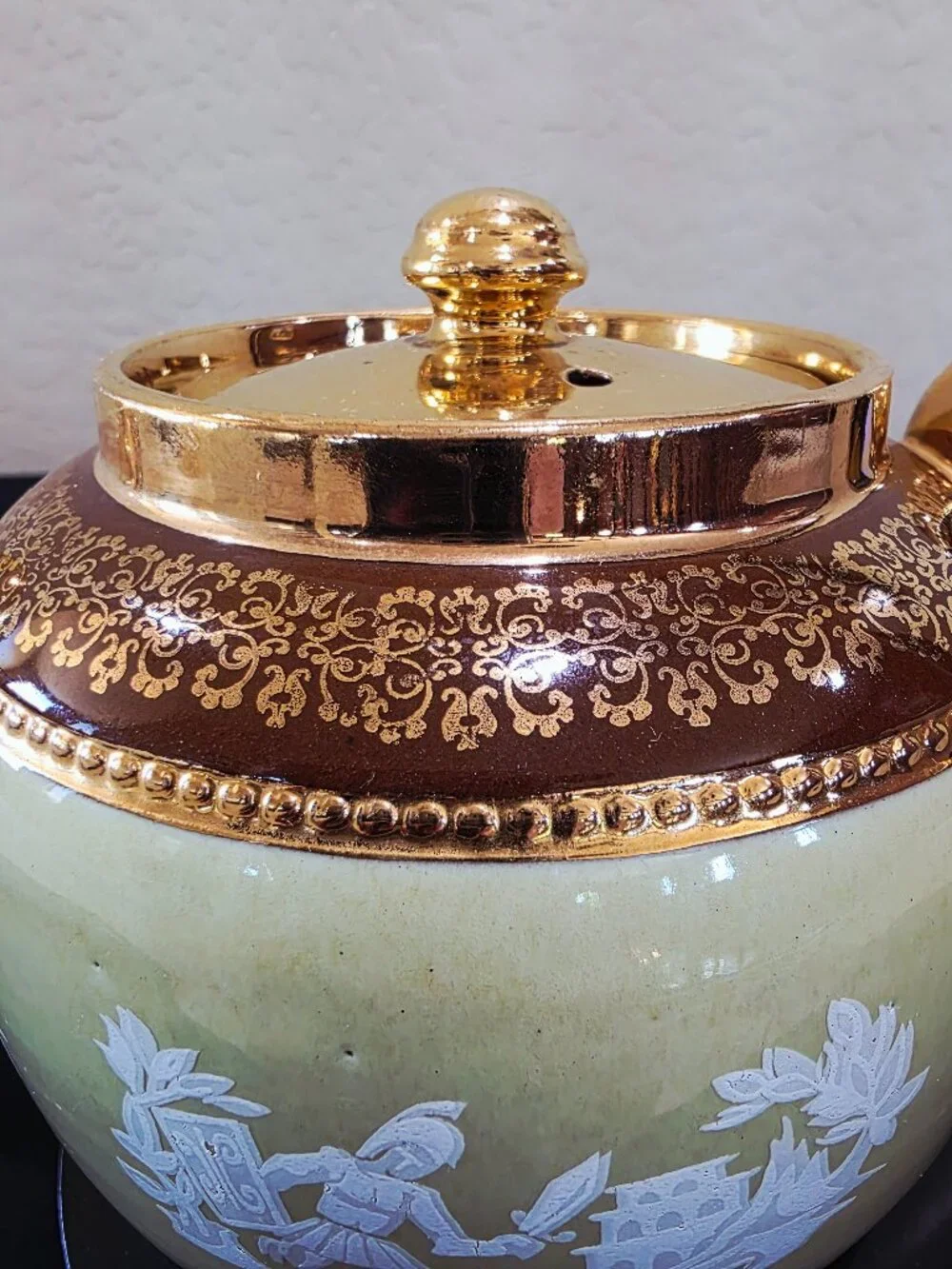 Vintage Teapot SUDLOW'S BURSLEM ENGLAND Green Gold Greek Mythology Porcleain